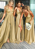 A-Line/Princess V-Neck Sweep Train Jersey Bridesmaid Dresses With Split Front Pleated Waistband Kim STKP0025336