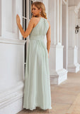 A-line Halter Sleeveless Long/Floor-Length Chiffon Bridesmaid Dresses With Pleated Laney STKP0025342