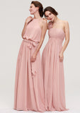 Sleeveless One-Shoulder Long/Floor-Length Chiffon A-line/Princess Bridesmaid Dresses With Pleated Flowers Erika STKP0025346