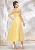 Short Sleeve A-line/Princess Tulle Bateau Bridesmaid Dresses With Lace Appliqued Cadence STKP0025351