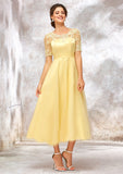 Short Sleeve A-line/Princess Tulle Bateau Bridesmaid Dresses With Lace Appliqued Cadence STKP0025351