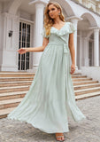 A-line V Neck Short Sleeve Long/Floor-Length Chiffon Bridesmaid Dresses With Sashes Ruffles Kim STKP0025352