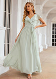 A-line V Neck Short Sleeve Long/Floor-Length Chiffon Bridesmaid Dresses With Sashes Ruffles Kim STKP0025352