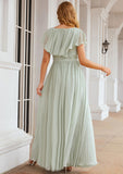 A-line V Neck Short Sleeve Long/Floor-Length Chiffon Bridesmaid Dresses With Sashes Ruffles Kim STKP0025352