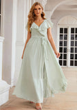 A-line V Neck Short Sleeve Long/Floor-Length Chiffon Bridesmaid Dresses With Sashes Ruffles Kim STKP0025352