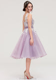 Bateau Sleeveless Organza Knee-Length A-line/Princess Bridesmaid Dresses With Sashes Lace Thea STKP0025358