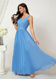 A-line V Neck Sleeveless Chiffon Long/Floor-Length Bridesmaid Dresses With Pleated Salome STKP0025360