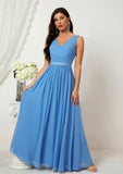 A-line V Neck Sleeveless Chiffon Long/Floor-Length Bridesmaid Dresses With Pleated Salome STKP0025360