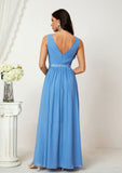 A-line V Neck Sleeveless Chiffon Long/Floor-Length Bridesmaid Dresses With Pleated Salome STKP0025360