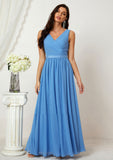 A-line V Neck Sleeveless Chiffon Long/Floor-Length Bridesmaid Dresses With Pleated Salome STKP0025360