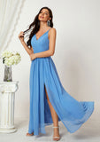 A-line V Neck Sleeveless Chiffon Long/Floor-Length Bridesmaid Dresses With Split Pleated Maureen STKP0025362