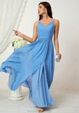 A-line V Neck Sleeveless Chiffon Long/Floor-Length Bridesmaid Dresses With Split Pleated Maureen STKP0025362