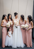 Sheath/Column Cowl Neck Spaghetti Straps Long/Floor-Length Satin Bridesmaid Dresses With Pleated Abril STKP0025364