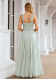 A-line Scalloped Neck Sleeveless Long/Floor-Length Chiffon Bridesmaid Dresses With Pleated Miah STKP0025366