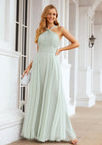 A-line Scalloped Neck Sleeveless Long/Floor-Length Chiffon Bridesmaid Dresses With Pleated Miah STKP0025366