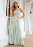 A-line Scalloped Neck Sleeveless Long/Floor-Length Chiffon Bridesmaid Dresses With Pleated Miah STKP0025366