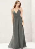 A-line V Neck Sleeveless Chiffon Long/Floor-Length Bridesmaid Dresses With Pleated Lace Emerson STKP0025367