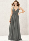 A-line V Neck Sleeveless Chiffon Long/Floor-Length Bridesmaid Dresses With Pleated Lace Emerson STKP0025367