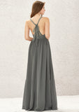 A-line V Neck Sleeveless Chiffon Long/Floor-Length Bridesmaid Dresses With Pleated Lace Emerson STKP0025367