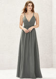 A-line V Neck Sleeveless Chiffon Long/Floor-Length Bridesmaid Dresses With Pleated Lace Emerson STKP0025367