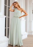 A-line One-Shoulder Sleeveless Long/Floor-Length Chiffon Bridesmaid Dresses With Shoulder Flower Tiara STKP0025369