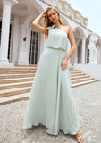 A-line One-Shoulder Sleeveless Long/Floor-Length Chiffon Bridesmaid Dresses With Shoulder Flower Tiara STKP0025369