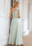 A-line One-Shoulder Sleeveless Long/Floor-Length Chiffon Bridesmaid Dresses With Shoulder Flower Tiara STKP0025369