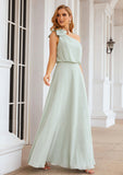 A-line One-Shoulder Sleeveless Long/Floor-Length Chiffon Bridesmaid Dresses With Shoulder Flower Tiara STKP0025369