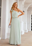 A-line One-Shoulder Sleeveless Long/Floor-Length Chiffon Bridesmaid Dresses With Shoulder Flower Tiara STKP0025369