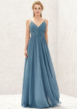 A-line V Neck Sleeveless Chiffon Long/Floor-Length Bridesmaid Dresses With Pleated Miranda STKP0025370