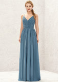 A-line V Neck Sleeveless Chiffon Long/Floor-Length Bridesmaid Dresses With Pleated Miranda STKP0025370