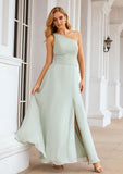 Sheath/Column One-Shoulder Sleeveless Long Chiffon Bridesmaid Dresseses With Pleated Waistband Split Rayna STKP0025373