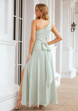 Sheath/Column One-Shoulder Sleeveless Long Chiffon Bridesmaid Dresseses With Pleated Waistband Split Rayna STKP0025373