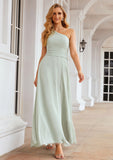 Sheath/Column One-Shoulder Sleeveless Long Chiffon Bridesmaid Dresseses With Pleated Waistband Split Rayna STKP0025373