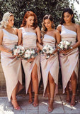 Sheath/Column One-Shoulder Regular Straps Asymmetrical Satin Bridesmaid Dresses With Pleated Split Roselyn STKP0025374