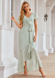 Sheath/Column V Neck Short Sleeve Asymmetrical Chiffon Bridesmaid Dresses With Ruffles Waistband Split Krista STKP0025375