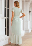 Sheath/Column V Neck Short Sleeve Asymmetrical Chiffon Bridesmaid Dresses With Ruffles Waistband Split Krista STKP0025375