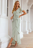 Sheath/Column V Neck Short Sleeve Asymmetrical Chiffon Bridesmaid Dresses With Ruffles Waistband Split Krista STKP0025375