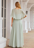 A-line V Neck Short Sleeve Long/Floor-Length Chiffon Bridesmaid Dresses Olympia STKP0025376