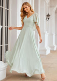 A-line V Neck Short Sleeve Long/Floor-Length Chiffon Bridesmaid Dresses Olympia STKP0025376