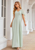 A-line V Neck Short Sleeve Long/Floor-Length Chiffon Bridesmaid Dresses Olympia STKP0025376