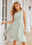 A-line One-Shoulder Sleeveless Chiffon Knee-Length Bridesmaid Dresses With Pleated Reina STKP0025379