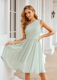 A-line One-Shoulder Sleeveless Chiffon Knee-Length Bridesmaid Dresses With Pleated Reina STKP0025379