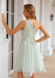 A-line One-Shoulder Sleeveless Chiffon Knee-Length Bridesmaid Dresses With Pleated Reina STKP0025379