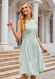 A-line One-Shoulder Sleeveless Chiffon Knee-Length Bridesmaid Dresses With Pleated Reina STKP0025379