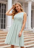 A-line One-Shoulder Sleeveless Chiffon Knee-Length Bridesmaid Dresses With Pleated Reina STKP0025379