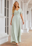 A-line V Neck Short Sleeve Chiffon Long/Floor-Length Bridesmaid Dresses With Pleated Waistband Deborah STKP0025381