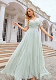 A-line V Neck Short Sleeve Chiffon Long/Floor-Length Bridesmaid Dresses With Pleated Waistband Deborah STKP0025381