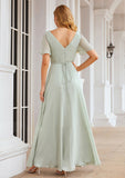 A-line V Neck Short Sleeve Chiffon Long/Floor-Length Bridesmaid Dresses With Pleated Waistband Deborah STKP0025381