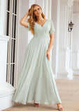 A-line V Neck Short Sleeve Chiffon Long/Floor-Length Bridesmaid Dresses With Pleated Waistband Deborah STKP0025381